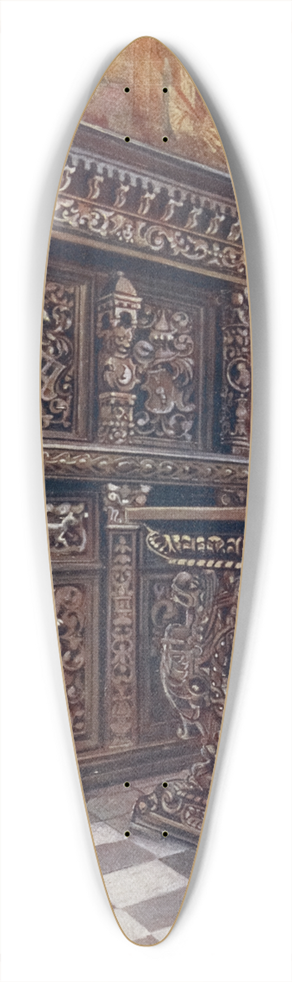 Edwin Foley - Carved oak armoire, Carved oak table 39.3 inch art pintail longboard deck