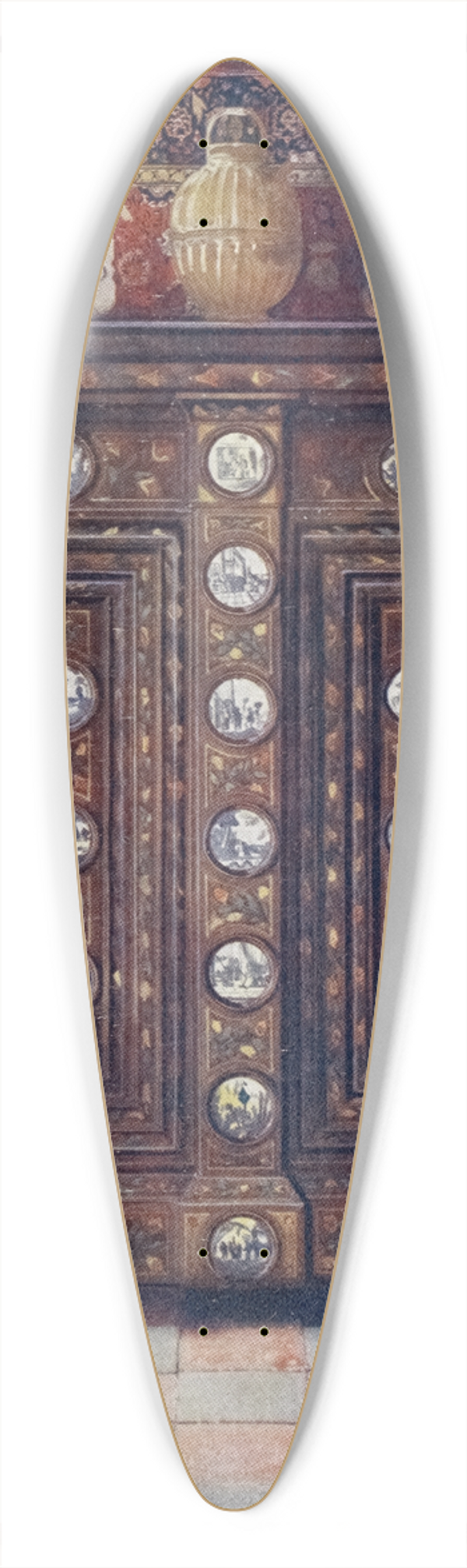 Edwin Foley - Walnut kas inlaid and with painted medallions of Delft ware 39.3 inch art pintail longboard deck