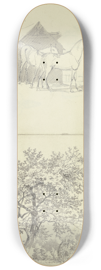 Carl Morgenstern - Zwei Pferde vor einem Stall; Garten an einem Wasserlauf bei Rdelheim 8.25 inch art skate deck