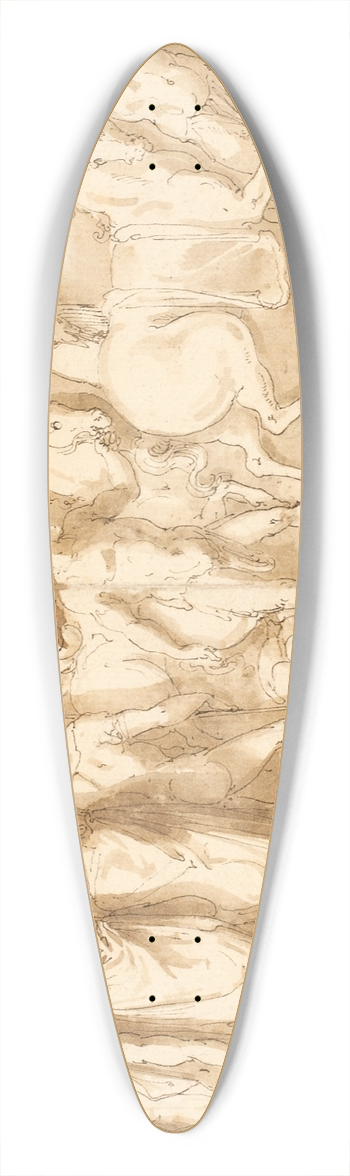 Giovanni Guerra - Romerske soldater opfrer en lejr; en meddelelse gives; romere krydser en flod over en pontonbro; kvinder tages til fange 39.3 inch art pintail longboard deck