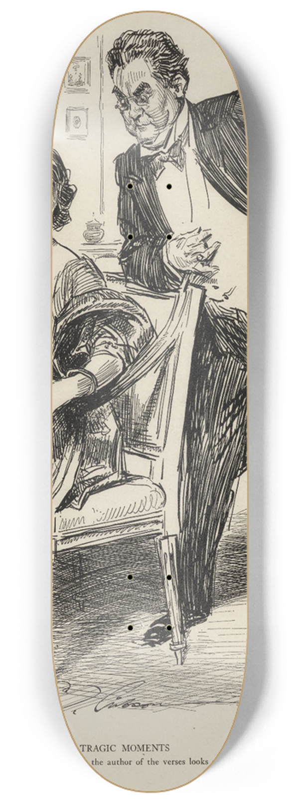 Charles Dana Gibson - Tragic moments  Trying to be appreciative while the author of the verses looks over your shoulder 8.25 inch art skate deck