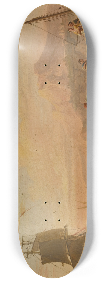 Charles-Franois Grenier De Lacroix - A Mediterranean harbour scene with fishermen unloading their boats 8.25 inch art skate deck