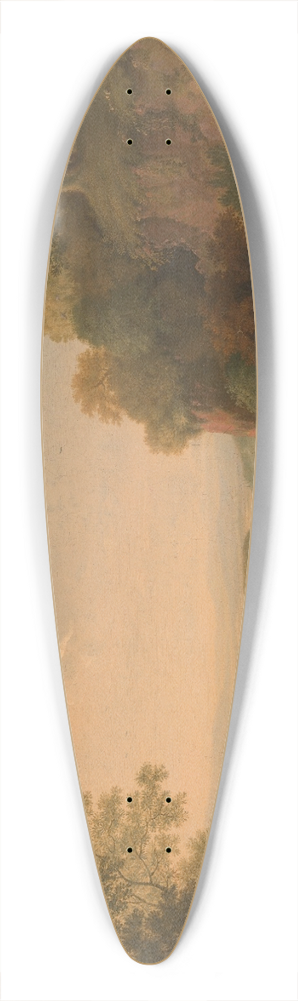 James Lambert of Lewes - A River Scene with Thatched Huts by a Bridge over a Weir 39.3 inch art pintail longboard deck
