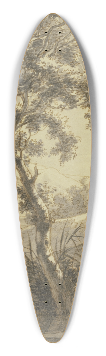 Jan Both - Landschaft, vorne zwei Bume, rechts eine Ruine, links ein Wasser und Felsen 39.3 inch art pintail longboard deck