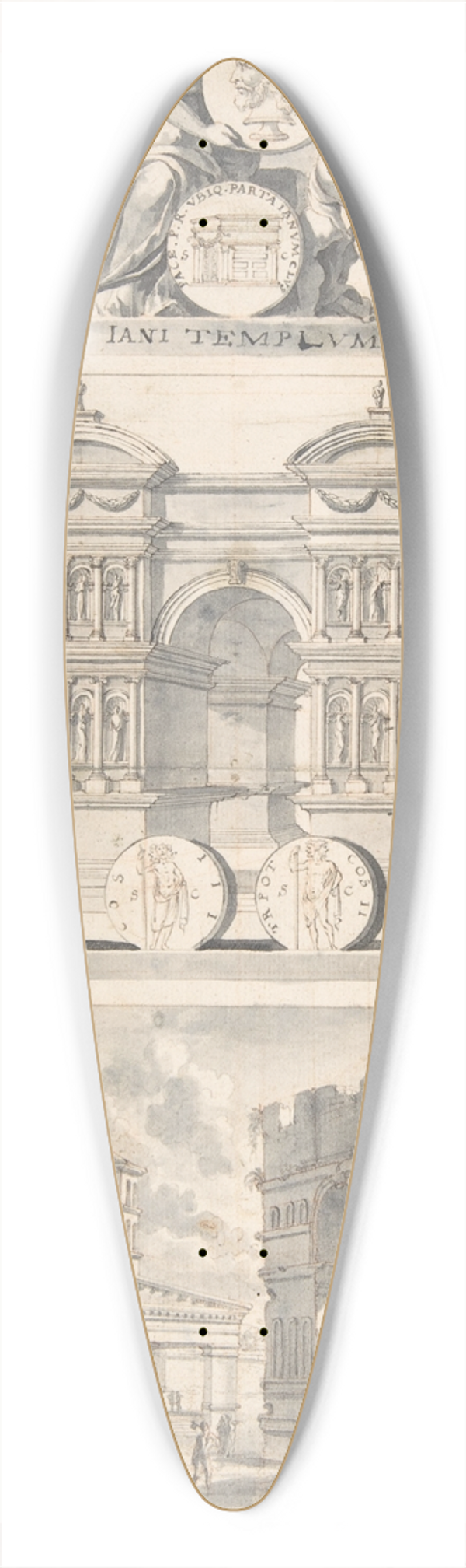 Jan Goeree - A Reconstruction of the Temple of Janus (above) and a View of the Ruins (below) 39.3 inch art pintail longboard deck