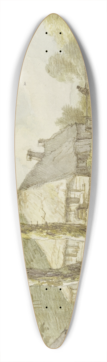Jan Hulswit - Bei zwei Bumen ein Haus am Wasser, ein Steg, rechts die Spitze eines Kahnes 39.3 inch art pintail longboard deck
