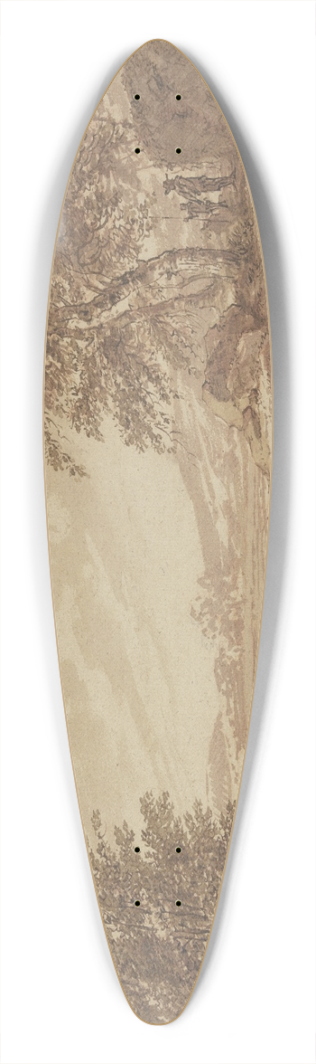 Jan Wils - Landschaft mit einem Fluss, rechts ein Felsstck unter Bumen, dabei ein Mann mit einem Knaben, der eine Lanze hlt 39.3 inch art pintail longboard deck