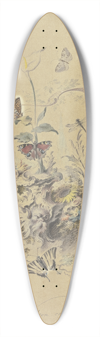 Johann Esaias Nilson - Rocaille-Ornament mit einer Kalla und anderen Blumen, Schmetterlingen wie Perlmutterfalter, Pfauenauge und Segelfalter sowie Libellen und einer Raubmcke 39.3 inch art pintail longboard deck