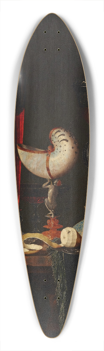Johann Georg Hinz - A nautilus cup, a flute, a faon-de-Venise and a wine and beer glass with nuts on a silver charger 39.3 inch art pintail longboard deck