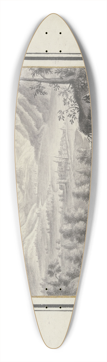Johann Rudolf Studer - Blick auf einen See zwischen hohen Bergen und eine Stadt auf einer Landzunge, im Vordergrund ein Hirte mit Schafen 39.3 inch art pintail longboard deck