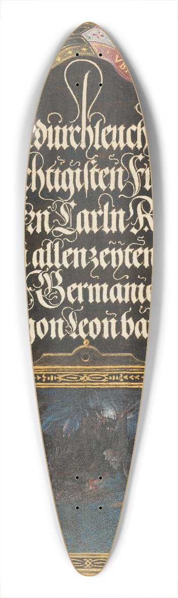 Joris Hoefnagel - The Burning of Troy; Banner of the House of Hapsburg 39.3 inch art pintail longboard deck