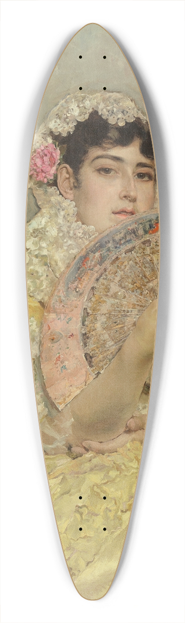 Jos Villegas Cordero - Portrait of a woman with fan 39.3 inch art pintail longboard deck