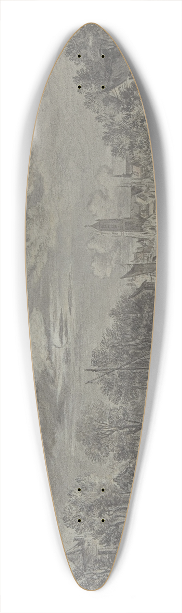 Karel La Fargue - Moonlit view of a river with fishermen and a town in the background 39.3 inch art pintail longboard deck
