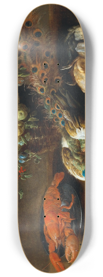 Adriaen van Utrecht - A still life with a peacock, fruit, a lobster and bird 8.25 inch art skate deck