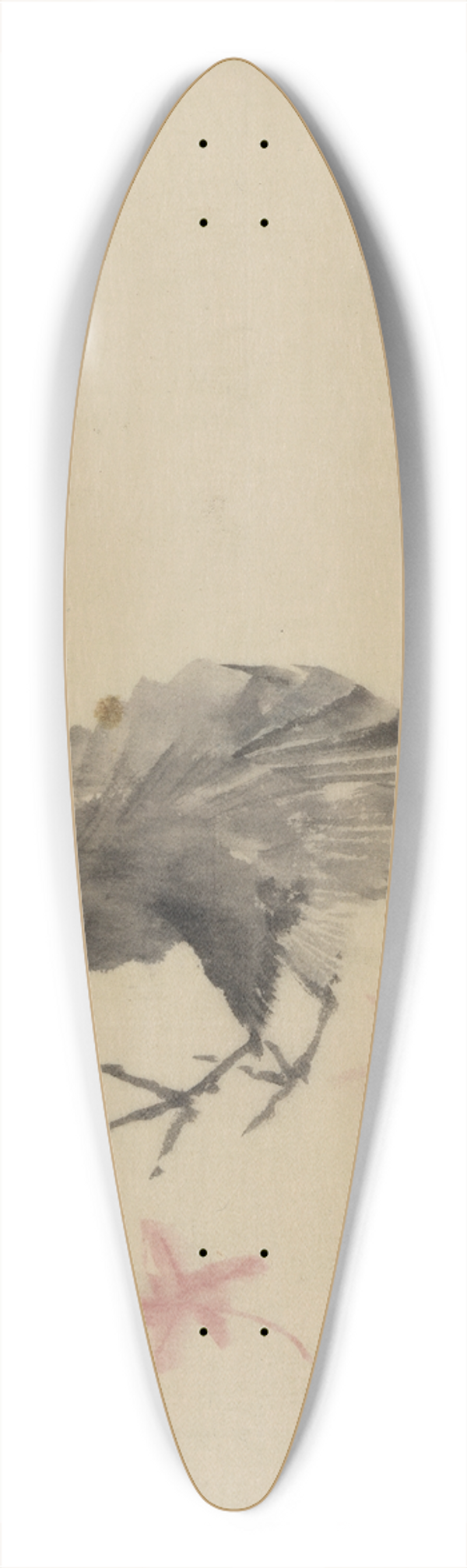 Katsushika Hokusai - A bird, possibly crow or raven, facing left, standing among leaves with head cocked as though looking closely or listening 39.3 inch art pintail longboard deck