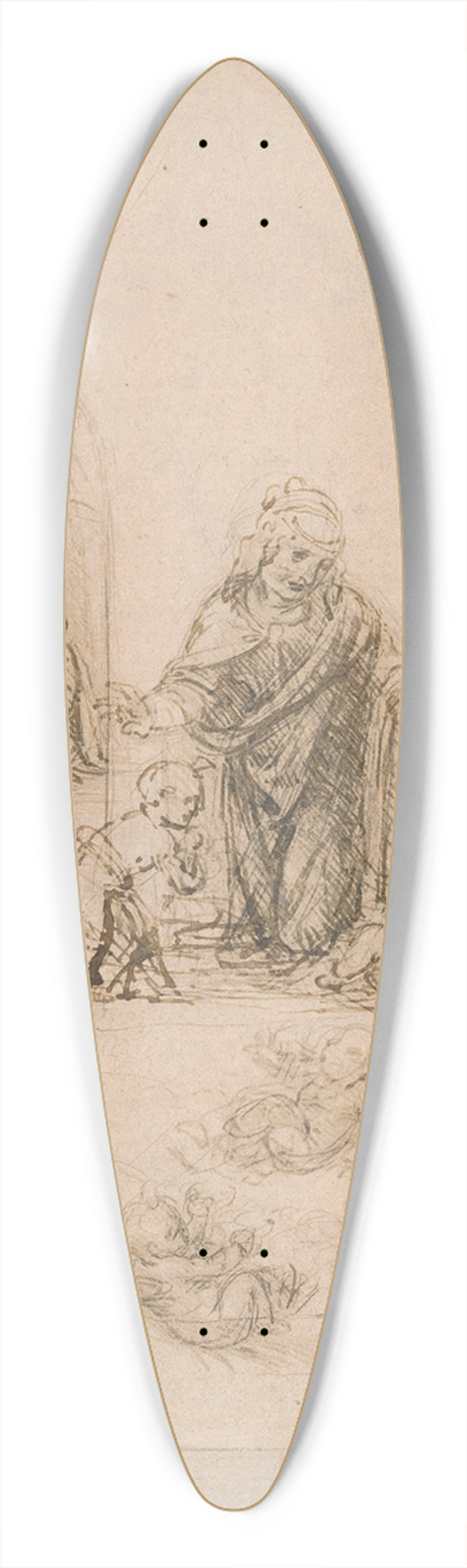 Leonardo da Vinci - Compositional Sketches for the Virgin Adoring the Christ Child, with and without the Infant St. John the Baptist; Diagram of a Perspectival Projection 39.3 inch art pintail longboard deck Leonardo da Vinci - Compositional Sketches for the Virgin Adoring the Christ Child, with and without the Infant St. John the Baptist; Diagram of a Perspectival Projection 39.3 inch art pintail longboard deck