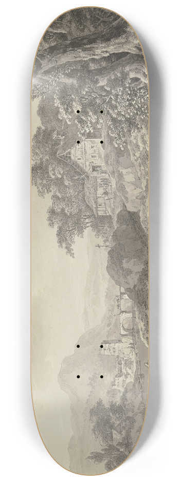 Adrian Zingg - Flulandschaft mit einer alten Brcke mit Turm, rechts ein Wirtshaus unter Bumen an einem Hohlweg, auf dem ein Bauer mit seinem Planwagen fhrt 8.25 inch art skate deck