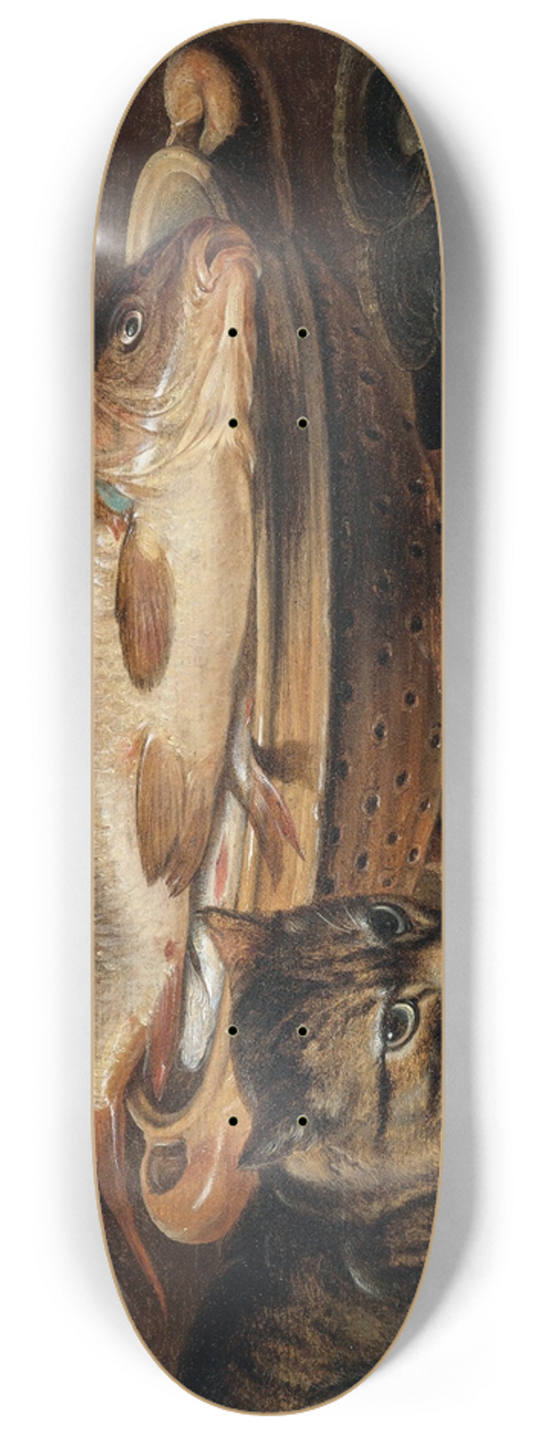 Clara Peeters - A Still Life With Fish In A Ceramic Collander, Oysters, Langoustines, Mackerel And A Cat On The Ledge Beneath 8.25 inch art skate deck