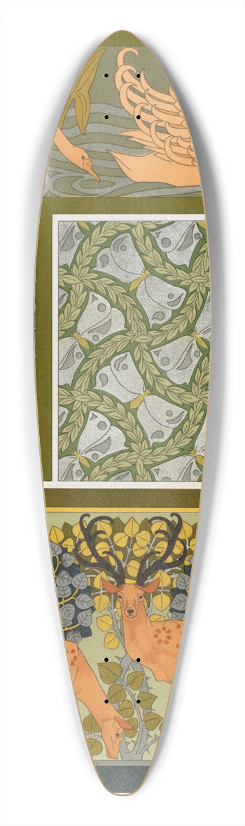 Maurice Pillard Verneuil - Cygnes et sagittaire, bordure. Pappillons et feuillages, toffe. Cerfs et biches, frise. 39.3 inch art pintail longboard deck