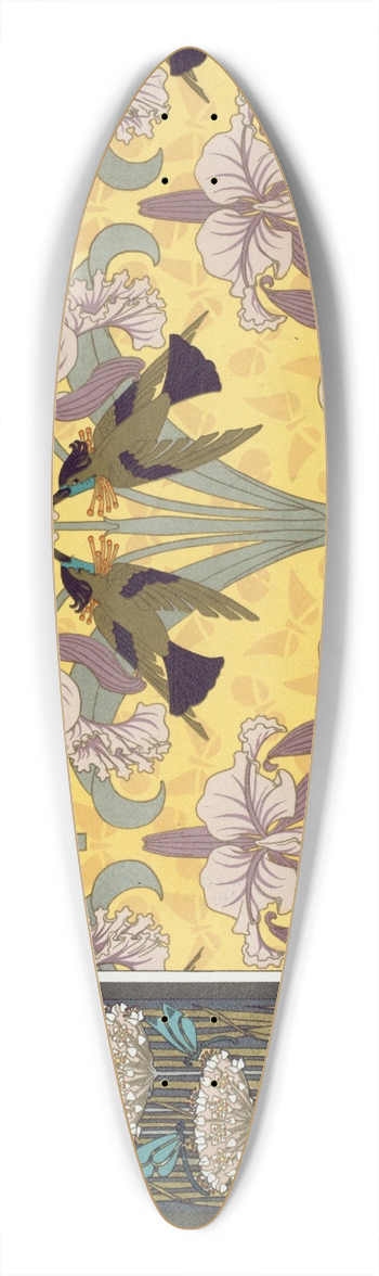Maurice Pillard Verneuil - Libellules, butome en ombelle, nnuphars, panneau. Oiseaux-mouches et orchides, toffe. Oiseaux-mouches et capillaires, bordure. 39.3 inch art pintail longboard deck