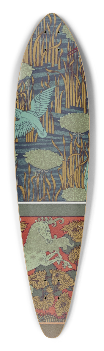 Maurice Pillard Verneuil - Martins-pcheurs et butome en ombelle, papier peint. Chevaux et arbres, bordure. 39.3 inch art pintail longboard deck