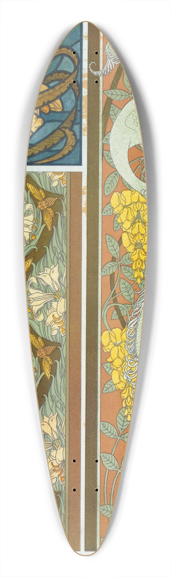 Maurice Pillard Verneuil - Mduses et algues, vitrail. Cigales et lis, paons et cytise, bordures. 39.3 inch art pintail longboard deck