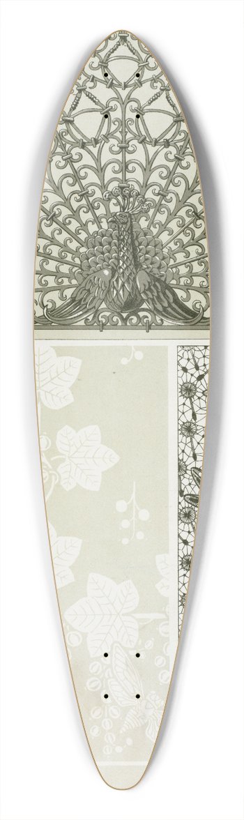 Maurice Pillard Verneuil - Paon, grille fer forg. Cigales et groseiller, linge damass. Libellules et pissenlit, dentelle. 39.3 inch art pintail longboard deck