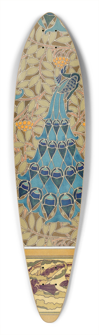 Maurice Pillard Verneuil - Paons dans les sorbiers, pochoir; poissons et algues, bordure 39.3 inch art pintail longboard deck