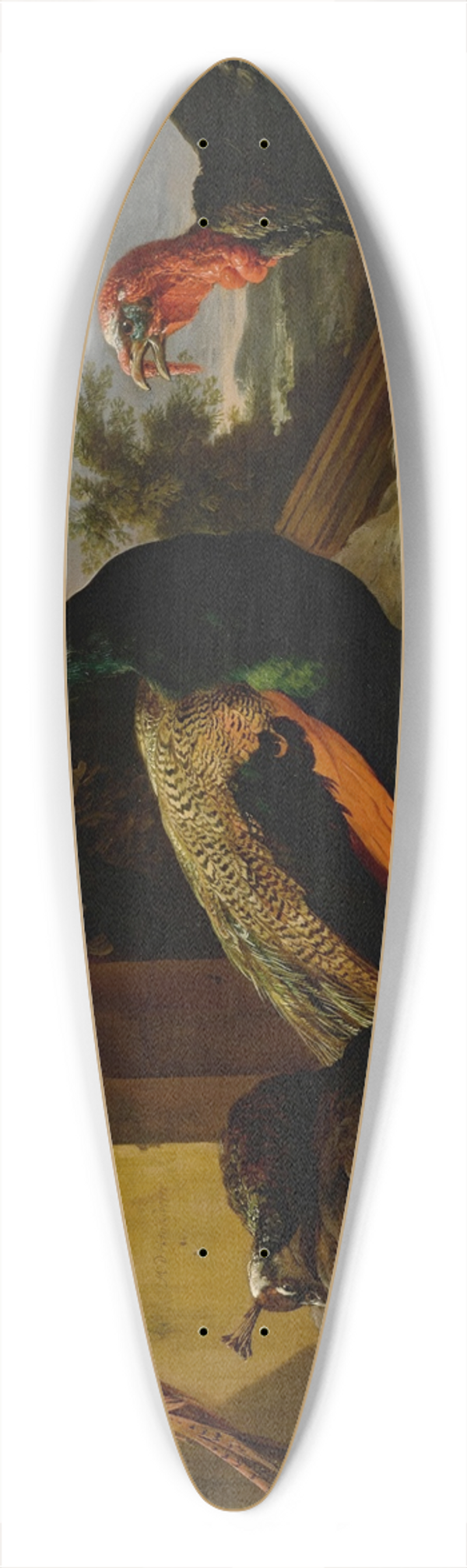 Melchior d'Hondecoeter - A peacock, pea-hen, pheasant, turkey, cockerel and chick by a wall, a landscape beyond 39.3 inch art pintail longboard deck