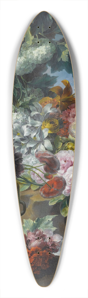 Miguel Parra Abril - An Outdoor Scene With A Fountain, An Urn And A Basket Of Roses, Peonies, Poppies, Hydrangeas And Other Flowers 39.3 inch art pintail longboard deck