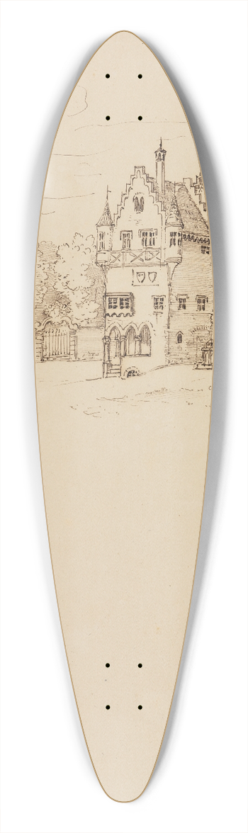 Moritz von Schwind - Drei gotische Huser zwischen barockem Gartentor und gotischem Kirchenchor, darunter Skizze eines schreitenden Mannes 39.3 inch art pintail longboard deck