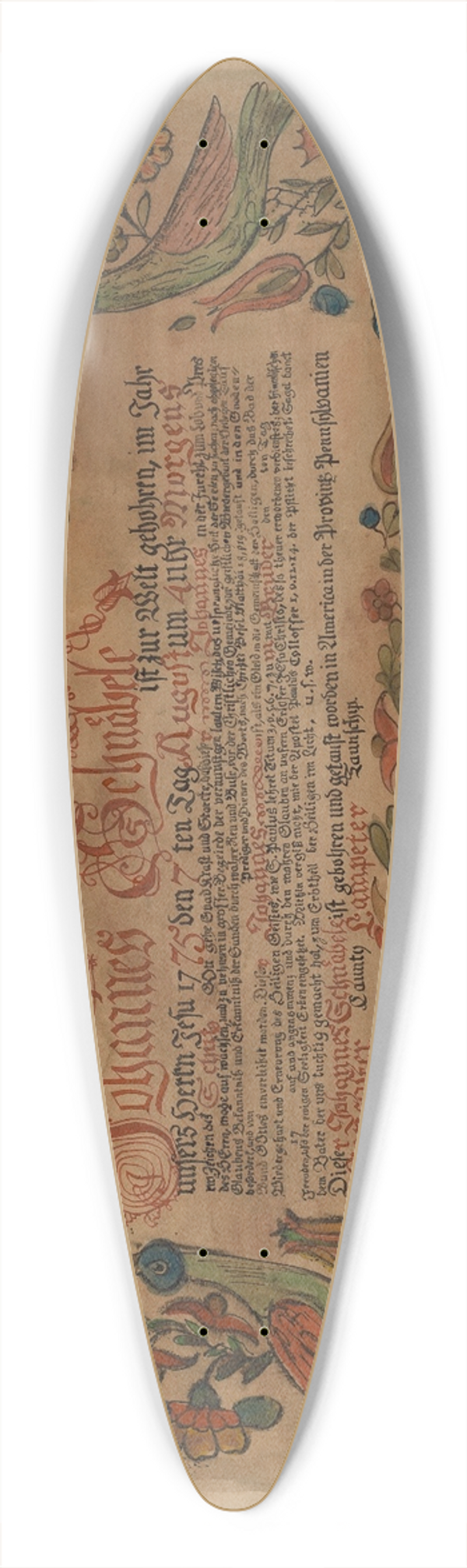Myra Newswanger - Pa. German Birth Certificate 39.3 inch art pintail longboard deck