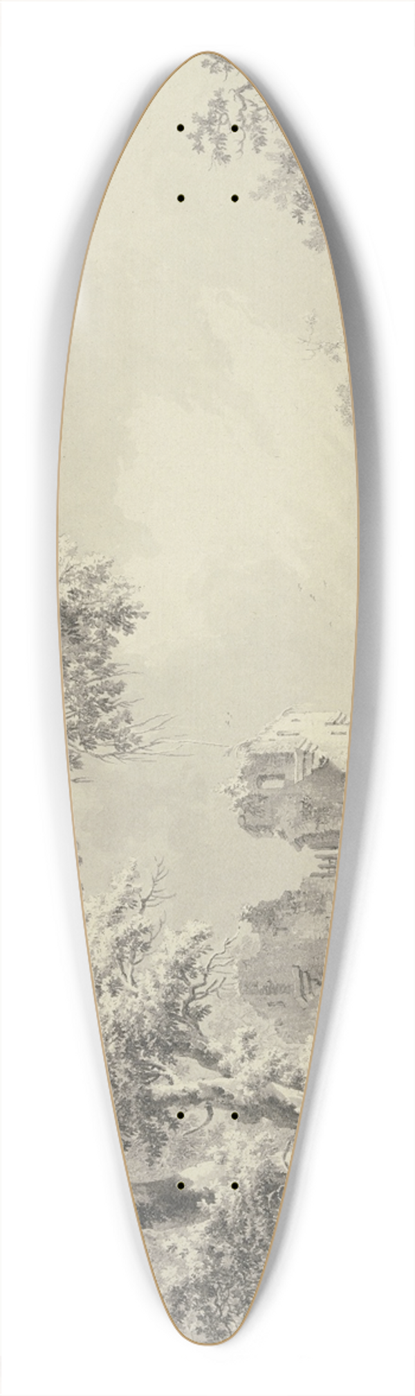 Paulus van Liender - Links eine Turmruine am Wasser, rechts eine Brcke, vorne zwei Fischer bei einem Netz 39.3 inch art pintail longboard deck