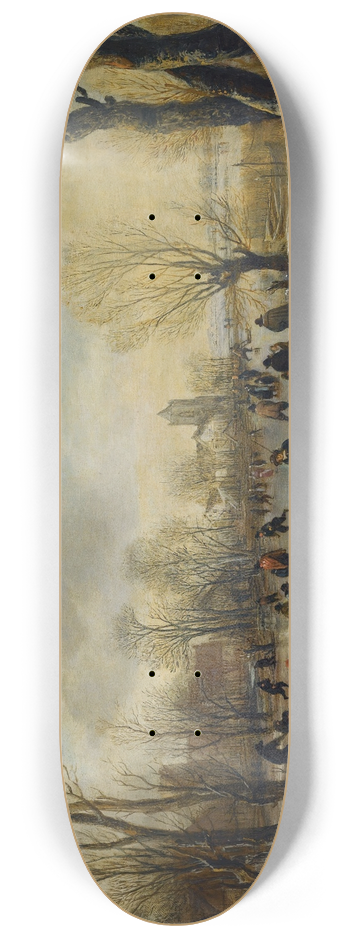 Aert van der Neer - A Winter Landscape With Villagers Skating And Playing Kolf On A Frozen Canal, A Village Beyond 8.25 inch art skate deck