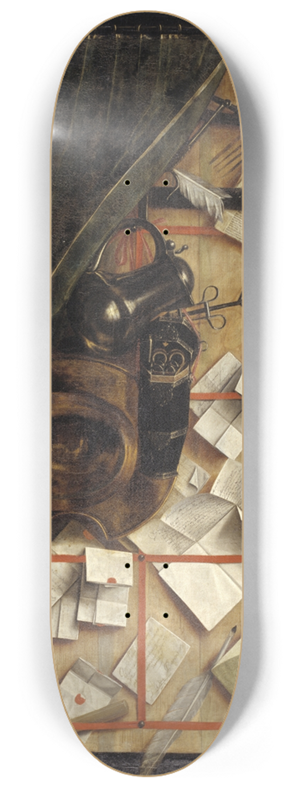 Cornelius Norbertus Gijsbrechts - Trompe Loeil. Letter Rack With A Barber-Surgeons Instruments 8.25 inch art skate deck