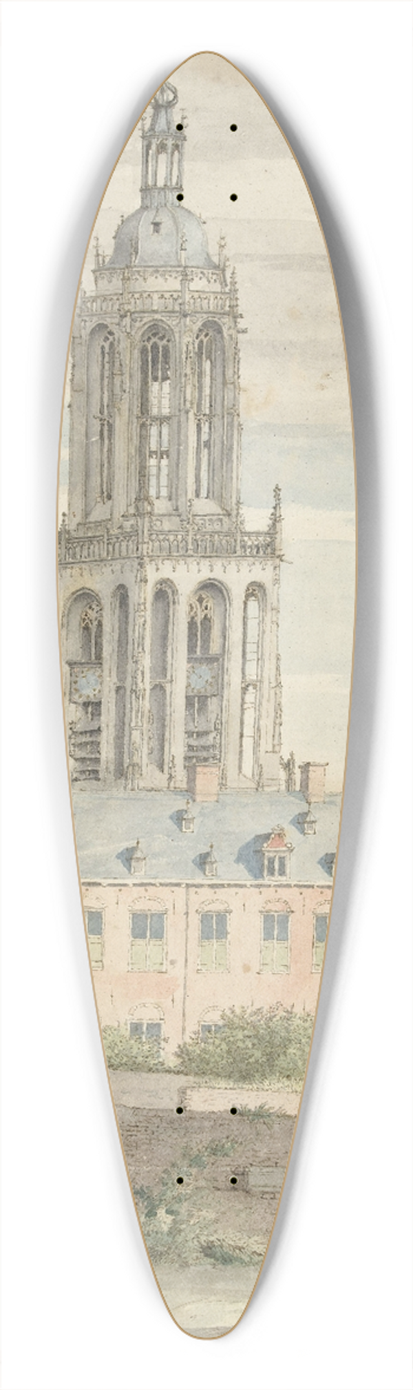 Pieter Jansz Saenredam - View of the Palace of Frederik V, Elector Palatine, and the Sint-Cunerakerk, Rhenen 39.3 inch art pintail longboard deck