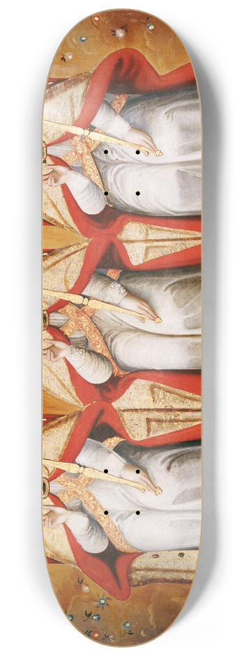 Cusco School - The Enthroned Trinity as Three Identical Figures 8.25 inch art skate deck