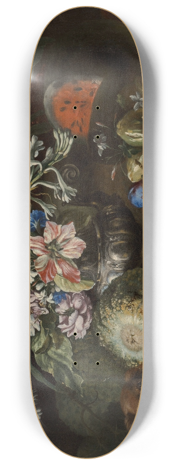 Abraham Brueghel - A still life of fruit and flowers in a footed gadrooned silver vase with a spaniel looking on 8.25 inch art skate deck