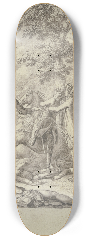 Daniel Nikolaus Chodowiecki - Zwei Soldaten helfen Friedrich dem Groen von einem zusammensinkenden Pferd. 8.25 inch art skate deck