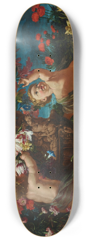 Abraham Brueghel - Vases of flowers with putti in a landscape 8.25 inch art skate deck