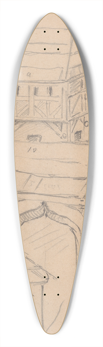 Stanisaw Wyspiaski - Buildings with towers and gates. Drawing of the bas-relief on the wing of the triptych of St Stanislaus in the Chapel of Guardian Angels at St Marys Church in Krakow 39.3 inch art pintail longboard deck