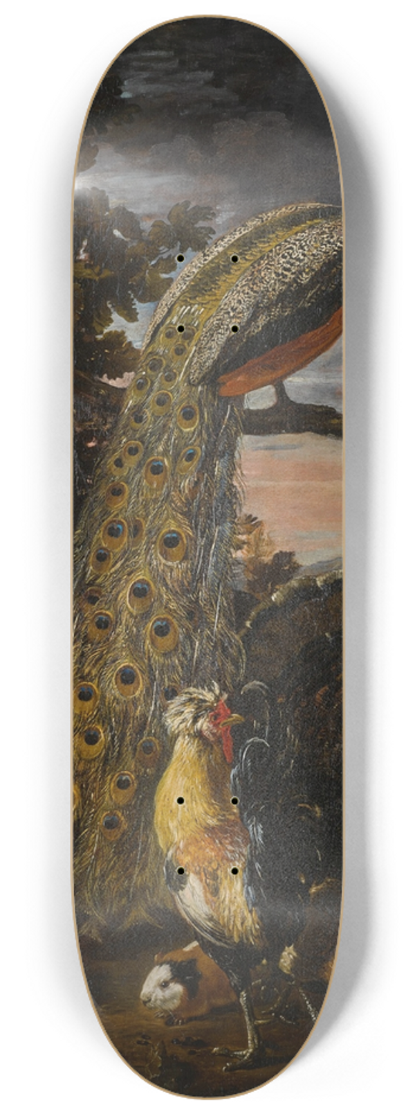 David de Coninck - Landscape with a peacock, parrot, chicken, turkey, two rabbits and a guinea-pig 8.25 inch art skate deck