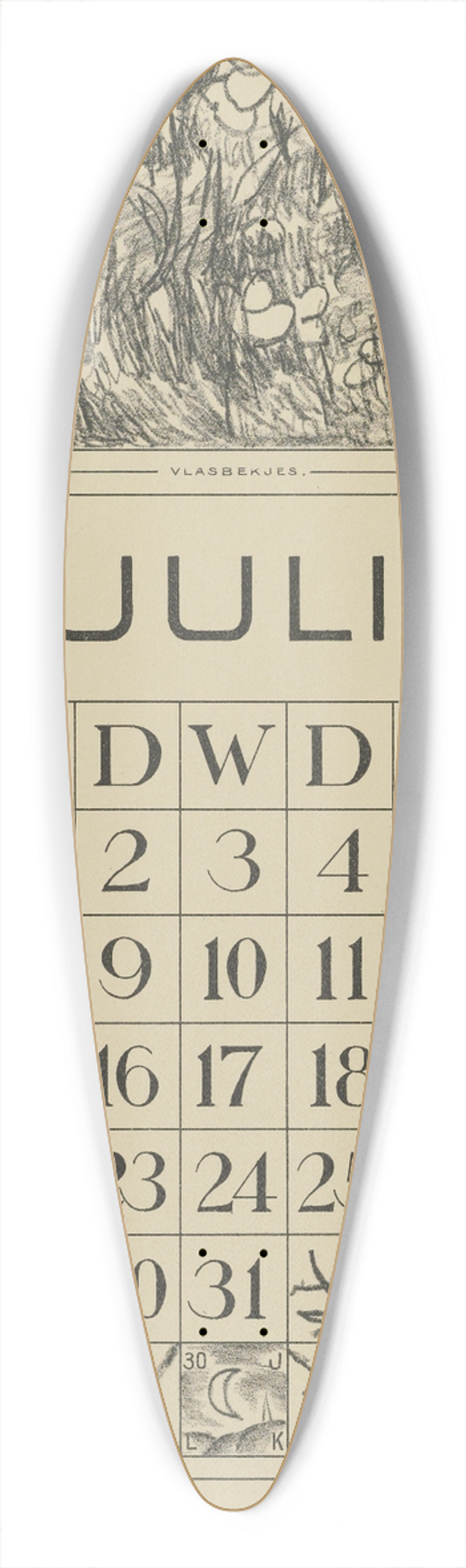 Theo van Hoytema - Kalenderblad juli met vlasbekjes 39.3 inch art pintail longboard deck