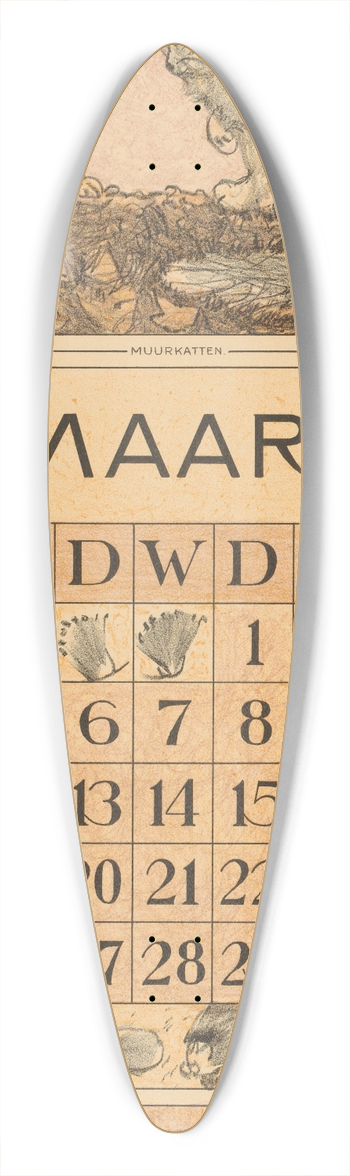 Theo van Hoytema - Kalenderblad maart met twee katten 39.3 inch art pintail longboard deck