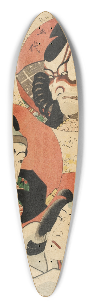 Utagawa Kunisada (Toyokuni III) - Actors Ichikawa Danjr V as Akushichibei Kagekiyo, Ichikawa Danjr VI as Hanakawado Sukeroku, and Ichikawa Kodanji IV as Kitsune Tadanobu 39.3 inch art pintail longboard deck