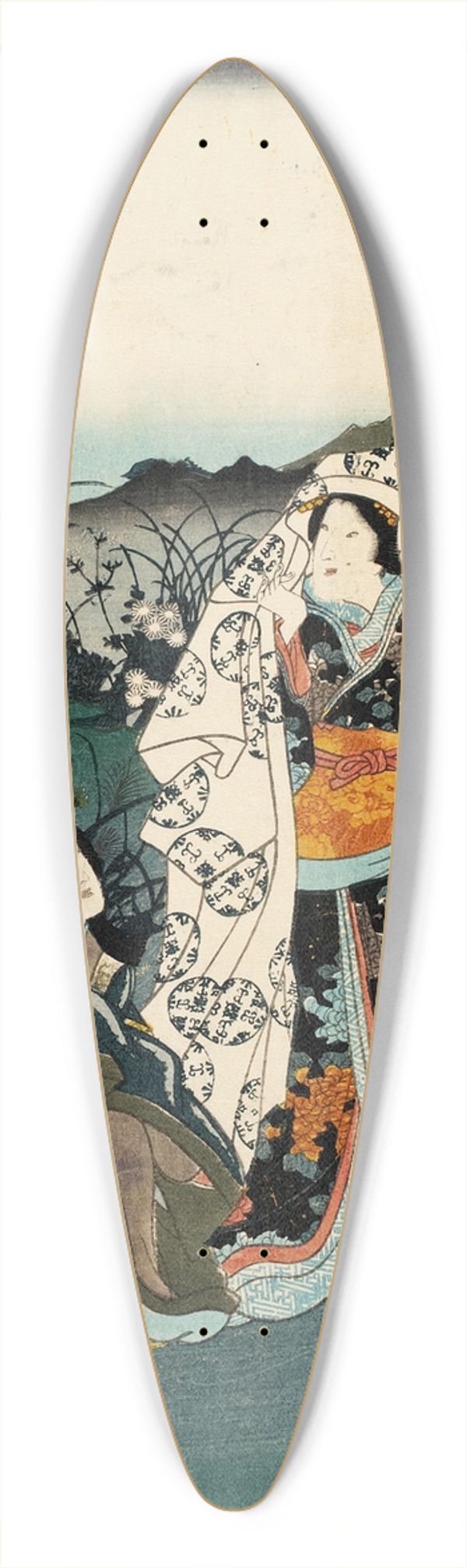 Utagawa Kunisada (Toyokuni III) - Murasaki Shikibu in Hiding, from the Tale of Genji chapter, Night Plum 39.3 inch art pintail longboard deck