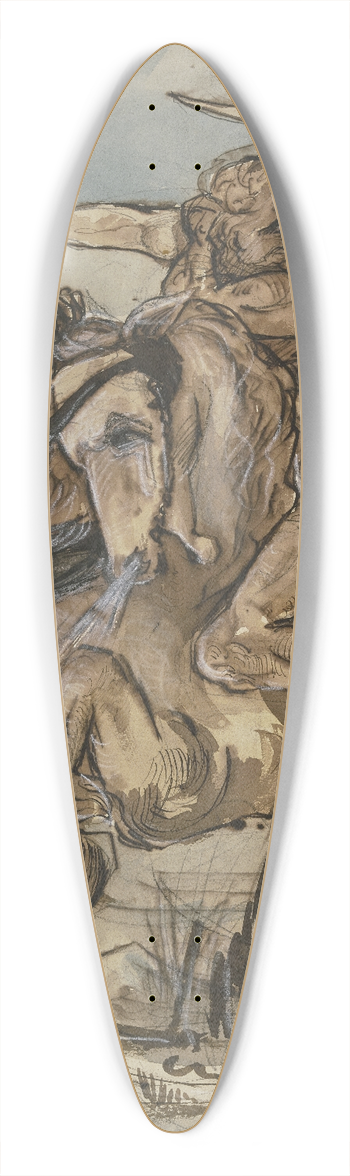 Victor Mller - Brtiger Mann in Begleitung eines Vogels auf einem Pferd im gestreckten Galopp, drei Gestalten suchen beide niederzuringen 39.3 inch art pintail longboard deck