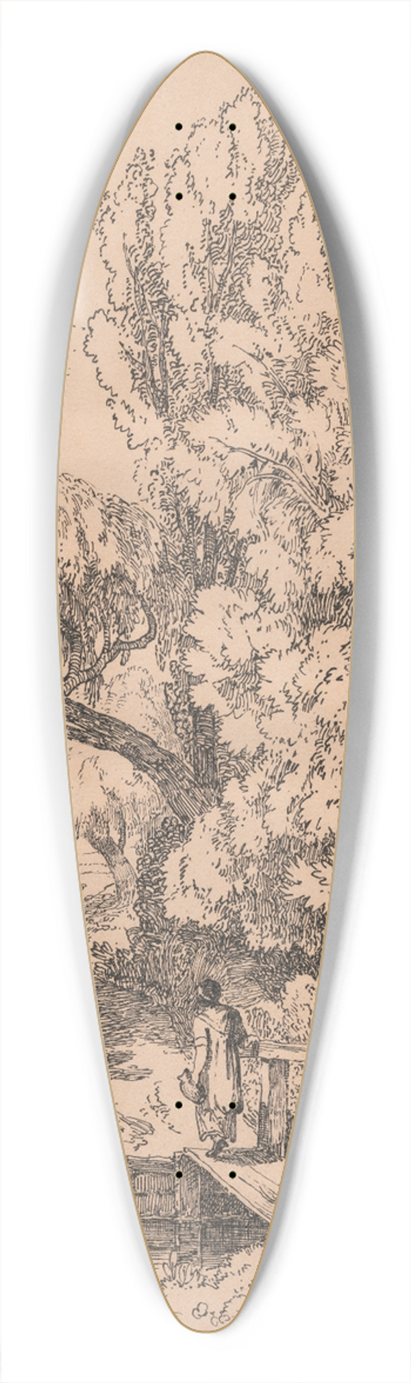 William Havell - Landscape with Trees, Girl Crossing Footbridge 39.3 inch art pintail longboard deck