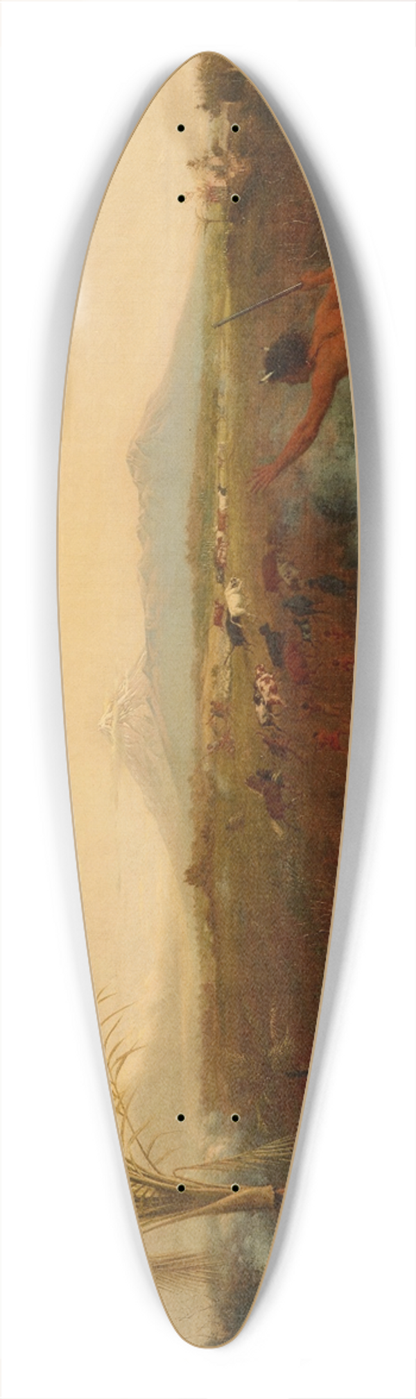 William Strutt - View of Mt Egmont, Taranaki, New Zealand, taken from New Plymouth, with Maoris driving off settlers cattle 39.3 inch art pintail longboard deck