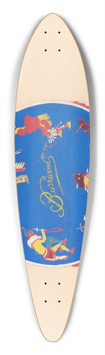 Winold Reiss - Graphic design drawings for Barricini Candy packages.] [3-D Study, circular candy box with Indian motif on blue background 39.3 inch art pintail longboard deck